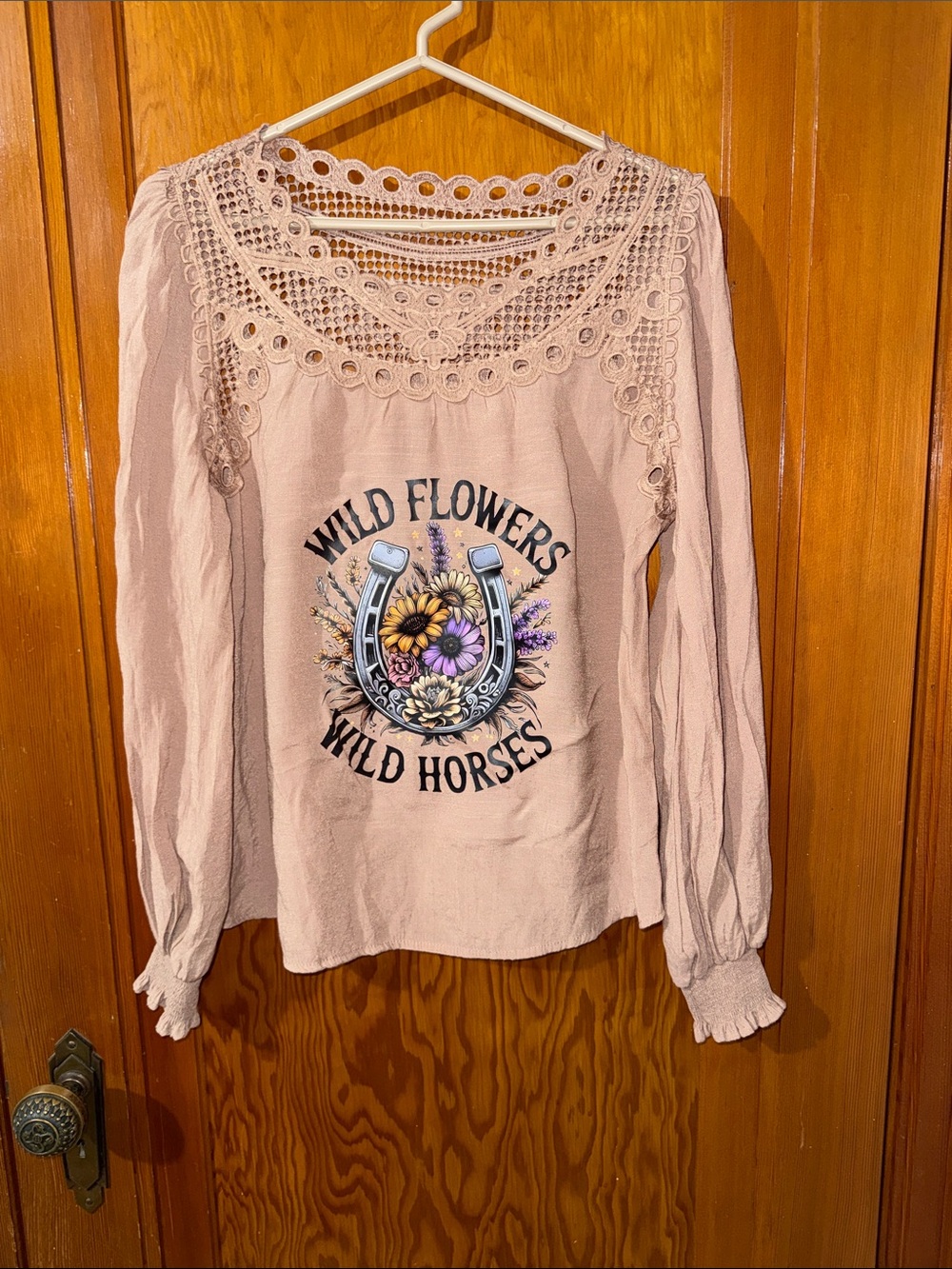 mine Blush Pink Crochet Yoke Long Sleeve Top with Floral Horseshoe Graphic